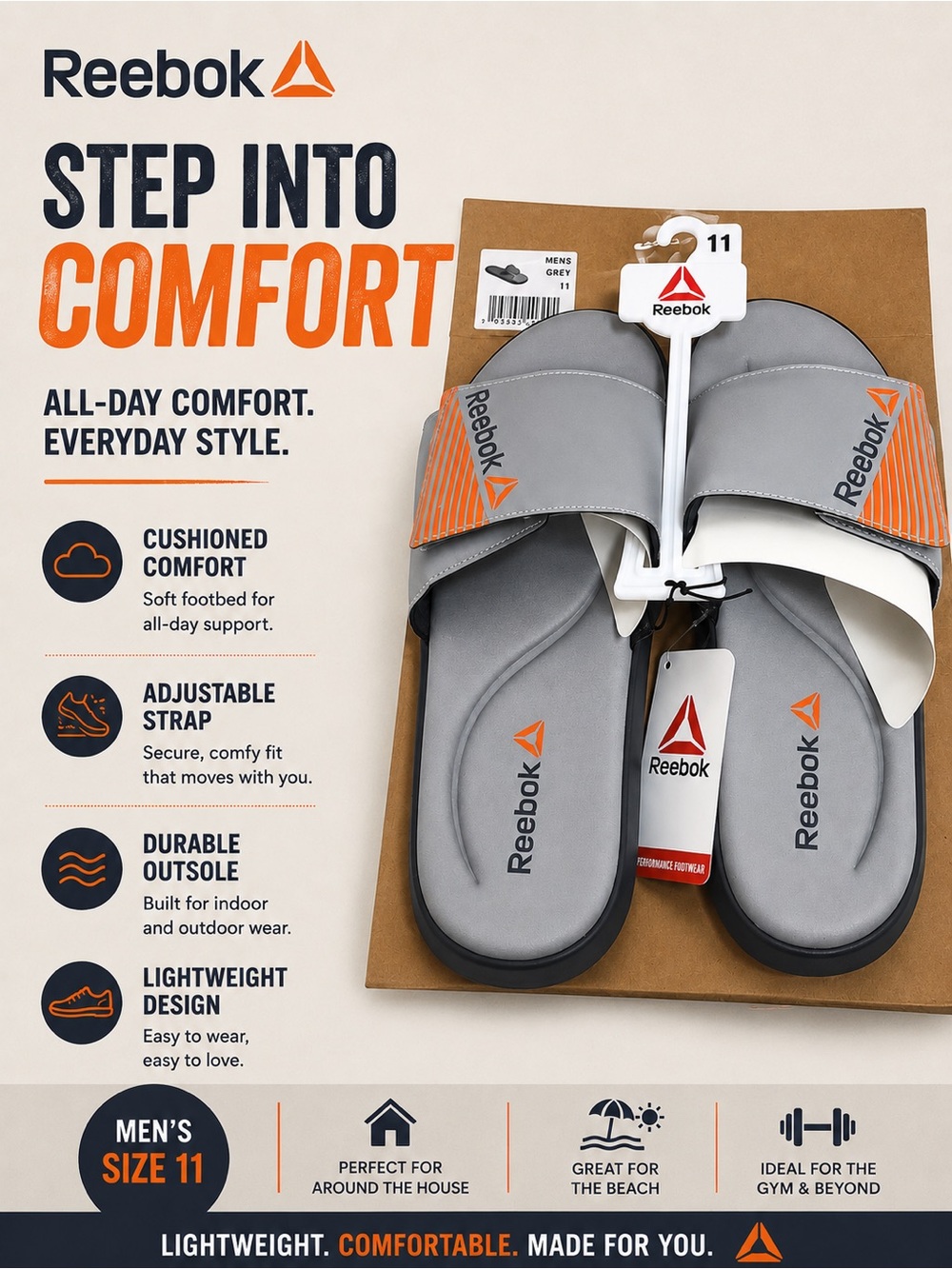 Reebok Gray and Orange Men's Adjustable Slide Sandals
